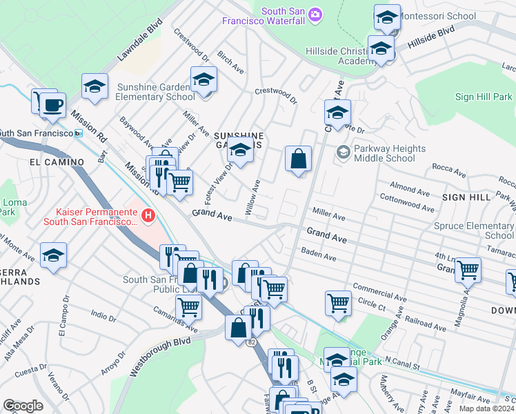 map of restaurants, bars, coffee shops, grocery stores, and more near 822 Marcie Circle in South San Francisco