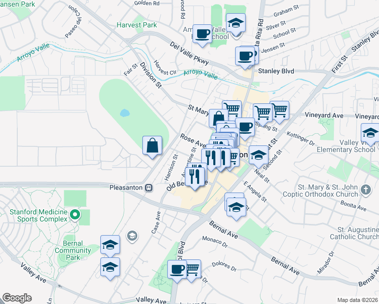 map of restaurants, bars, coffee shops, grocery stores, and more near 4575 Augustine Street in Pleasanton