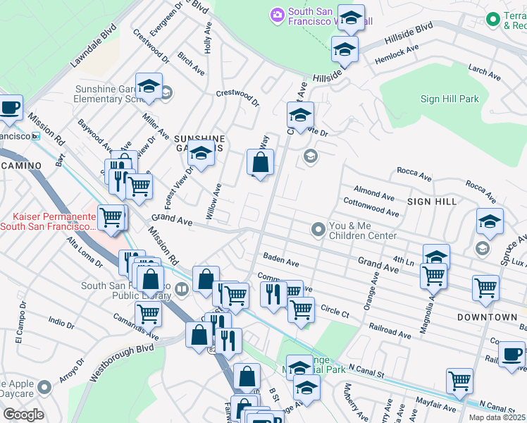 map of restaurants, bars, coffee shops, grocery stores, and more near 124 Summerrain Drive in South San Francisco