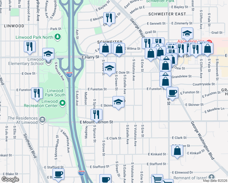 map of restaurants, bars, coffee shops, grocery stores, and more near 2523 E Funston St in Wichita