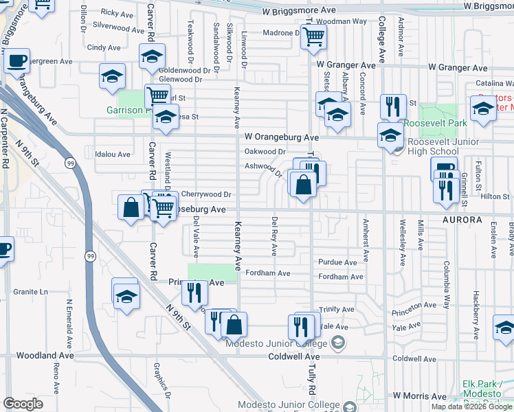 map of restaurants, bars, coffee shops, grocery stores, and more near 1415 West Roseburg Avenue in Modesto