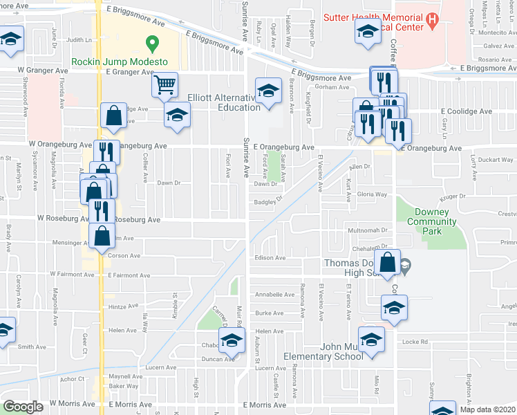 map of restaurants, bars, coffee shops, grocery stores, and more near 712 Badgley Drive in Modesto
