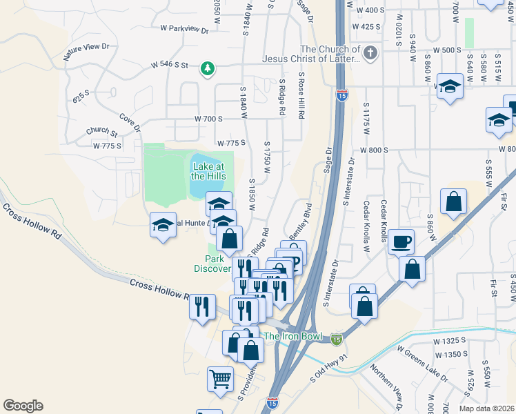 map of restaurants, bars, coffee shops, grocery stores, and more near 947 South 1850 West in Cedar City