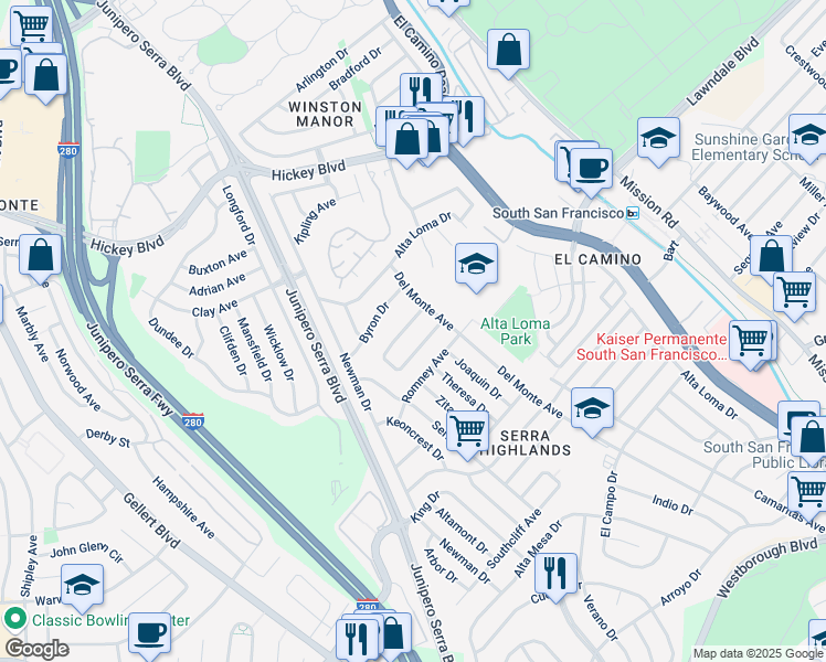 map of restaurants, bars, coffee shops, grocery stores, and more near 201 El Rancho Drive in South San Francisco