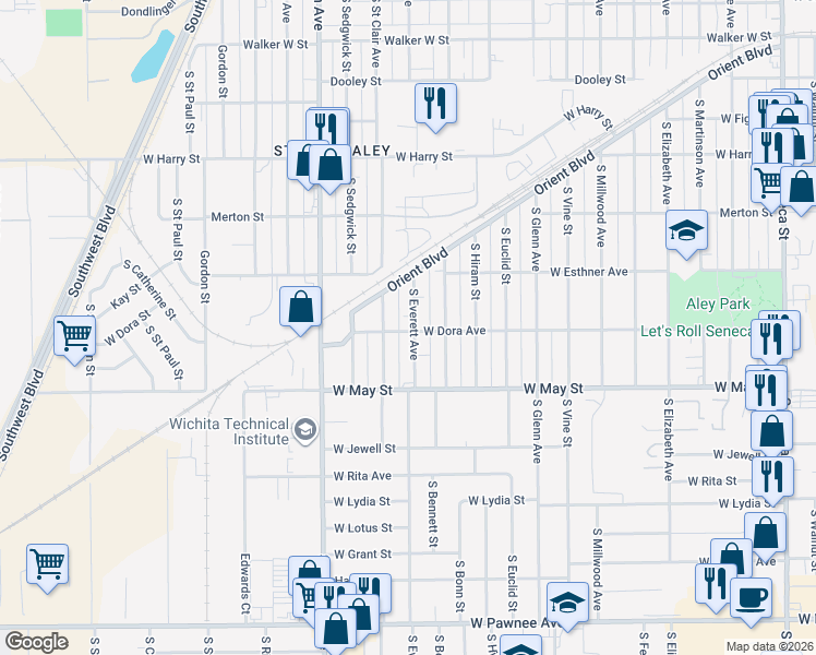 map of restaurants, bars, coffee shops, grocery stores, and more near 1855 Dora Street in Wichita