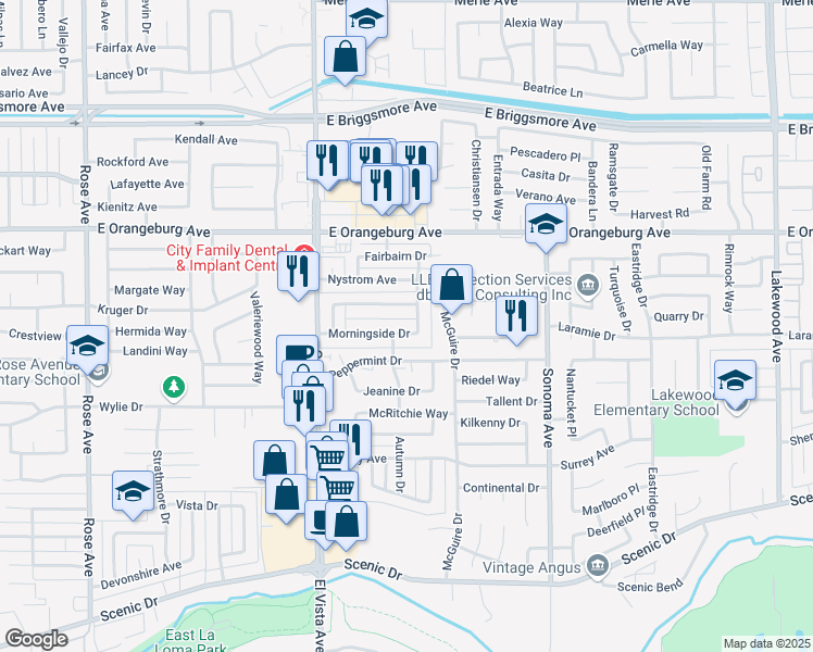 map of restaurants, bars, coffee shops, grocery stores, and more near 2325 Morningside Drive in Modesto