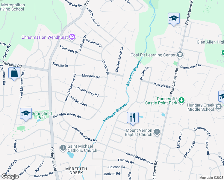 map of restaurants, bars, coffee shops, grocery stores, and more near 5121 Ashborne Road in Glen Allen