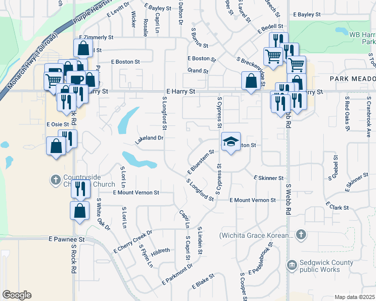 map of restaurants, bars, coffee shops, grocery stores, and more near 8904 East Funston Court in Wichita