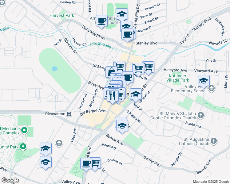 map of restaurants, bars, coffee shops, grocery stores, and more near in Pleasanton