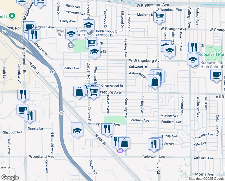 map of restaurants, bars, coffee shops, grocery stores, and more near 1529 West Roseburg Avenue in Modesto