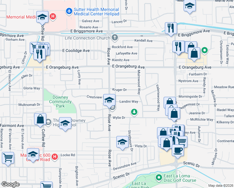 map of restaurants, bars, coffee shops, grocery stores, and more near 1212 Scottsdale Way in Modesto