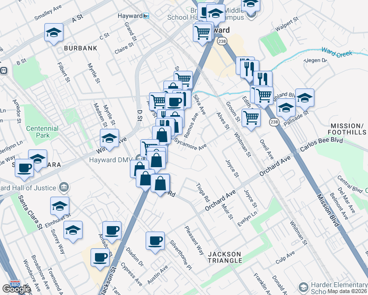 map of restaurants, bars, coffee shops, grocery stores, and more near 405 Sycamore Avenue in Hayward