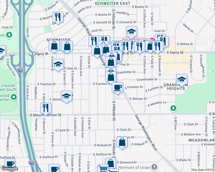 map of restaurants, bars, coffee shops, grocery stores, and more near 3011 East Funston Street in Wichita