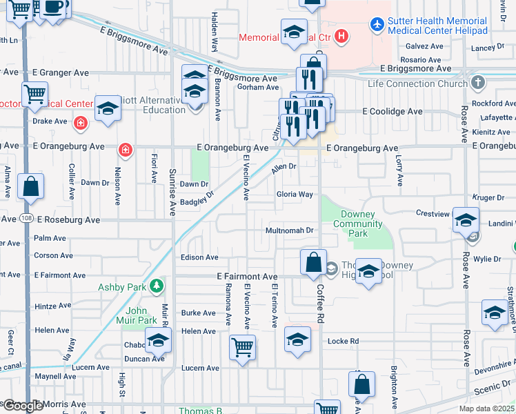 map of restaurants, bars, coffee shops, grocery stores, and more near 1108 Betty Lane in Modesto