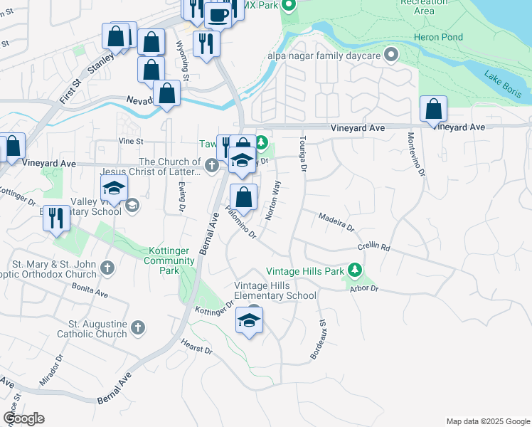 map of restaurants, bars, coffee shops, grocery stores, and more near 3499 Norton Way in Pleasanton