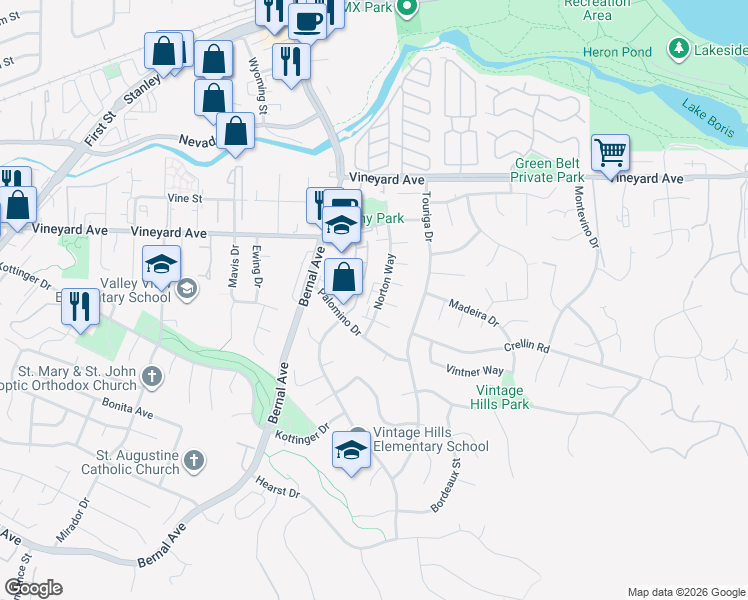 map of restaurants, bars, coffee shops, grocery stores, and more near 3499 Norton Way in Pleasanton