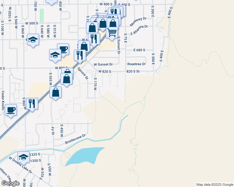 map of restaurants, bars, coffee shops, grocery stores, and more near 920 South 25 East in Cedar City