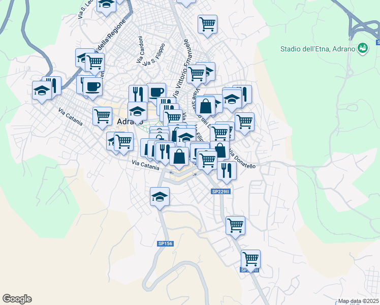 map of restaurants, bars, coffee shops, grocery stores, and more near 2 Via Duca D'Aosta in Adrano