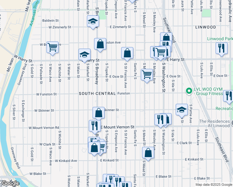 map of restaurants, bars, coffee shops, grocery stores, and more near 499 East Funston Street in Wichita