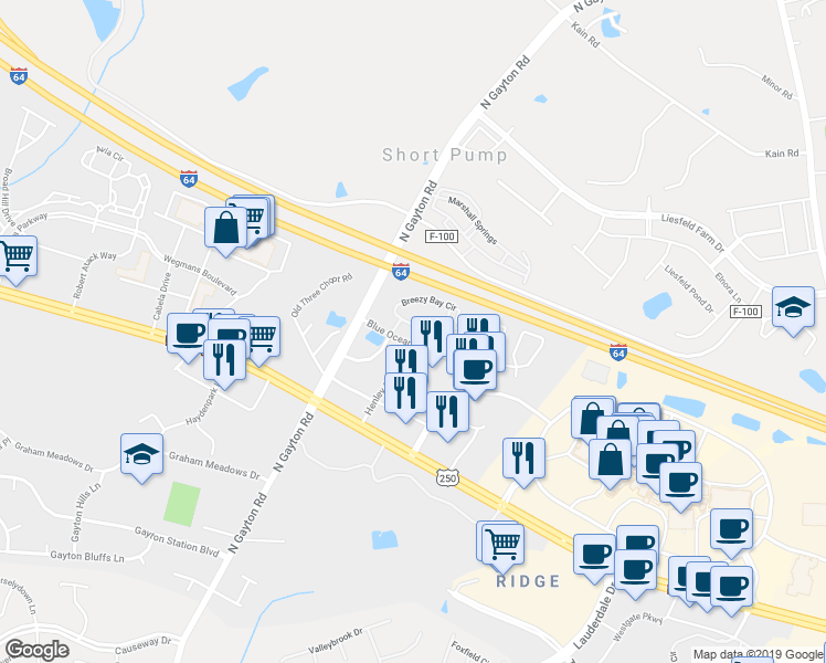 map of restaurants, bars, coffee shops, grocery stores, and more near 4410 Breezy Bay Circle in Richmond