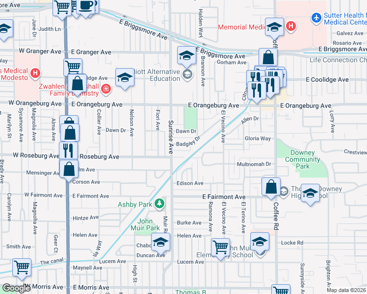 map of restaurants, bars, coffee shops, grocery stores, and more near 712 Badgley Drive in Modesto