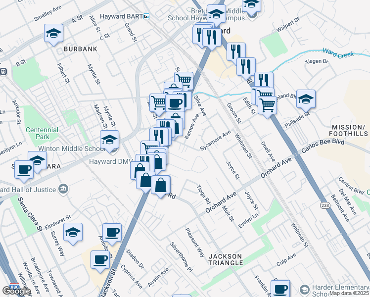 map of restaurants, bars, coffee shops, grocery stores, and more near 405 Sycamore Avenue in Hayward