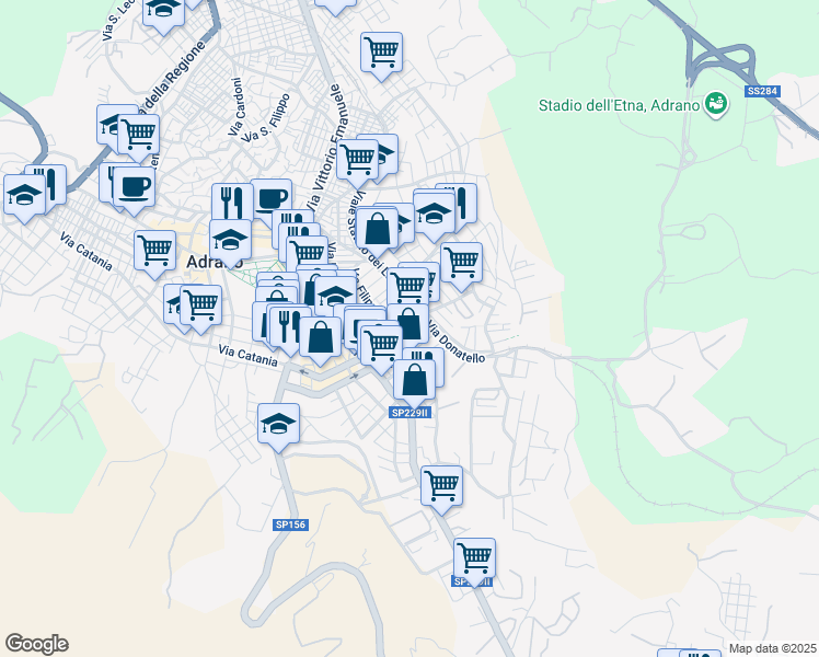 map of restaurants, bars, coffee shops, grocery stores, and more near Via Stefano Ittar in Adrano