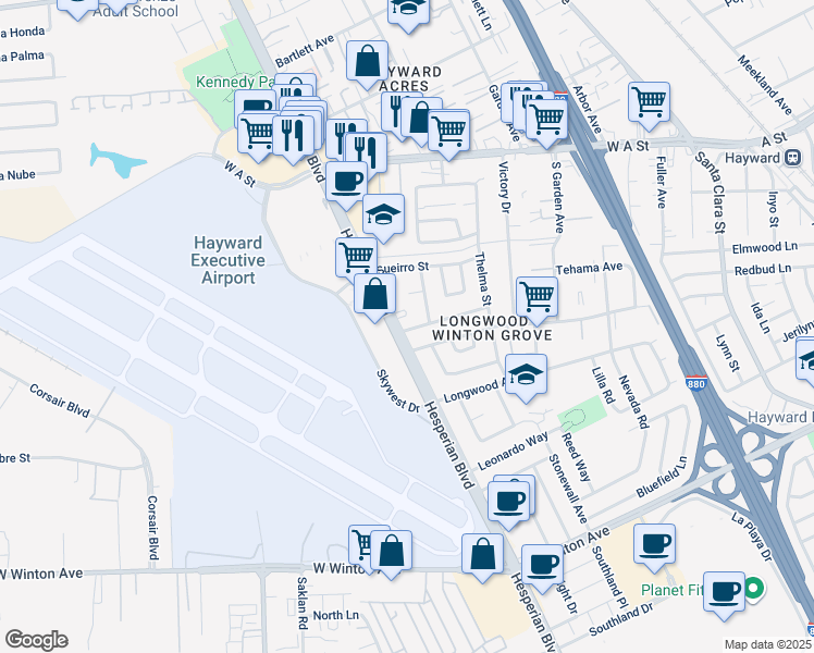 map of restaurants, bars, coffee shops, grocery stores, and more near 987 Lester Ave in Hayward