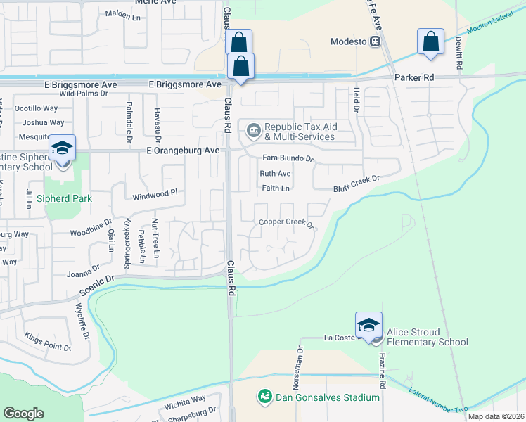 map of restaurants, bars, coffee shops, grocery stores, and more near 1104 Copper Cottage Lane in Modesto