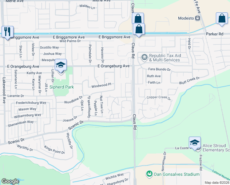 map of restaurants, bars, coffee shops, grocery stores, and more near 1137 Cedar Creek Drive in Modesto
