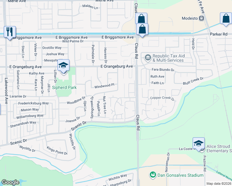 map of restaurants, bars, coffee shops, grocery stores, and more near 1137 Cedar Creek Drive in Modesto