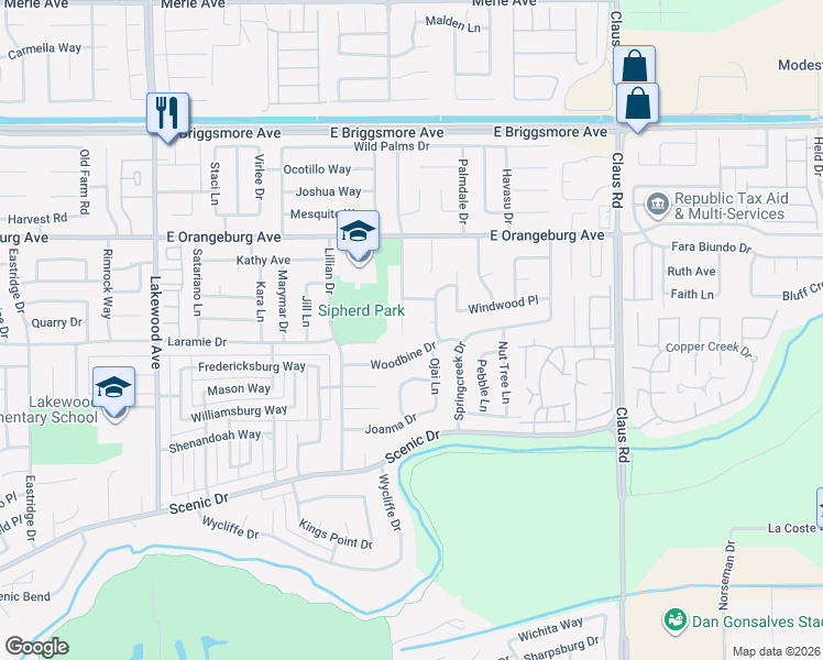 map of restaurants, bars, coffee shops, grocery stores, and more near 1305 Fransen Court in Modesto