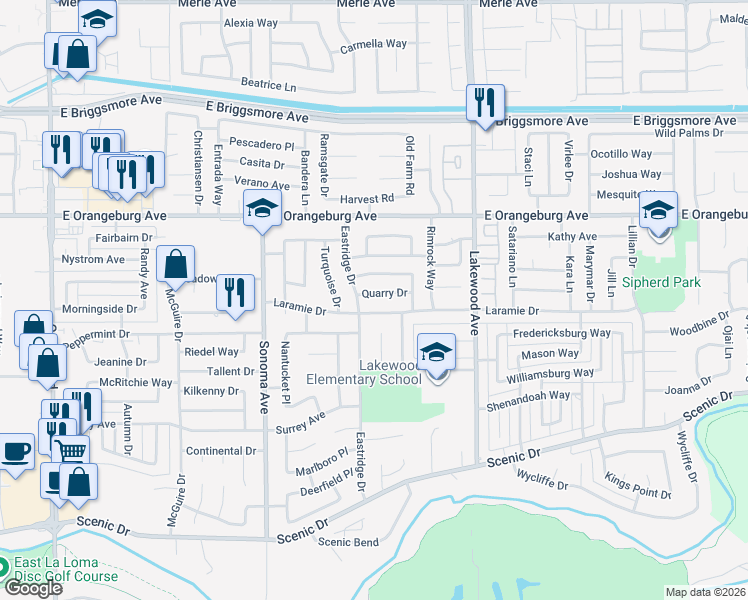 map of restaurants, bars, coffee shops, grocery stores, and more near 2709 Laramie Drive in Modesto