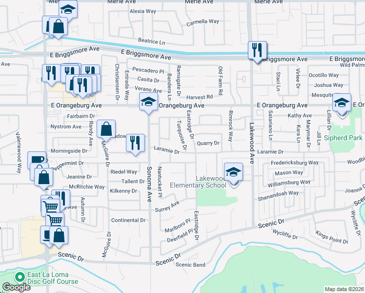 map of restaurants, bars, coffee shops, grocery stores, and more near 1200 Turquoise Drive in Modesto