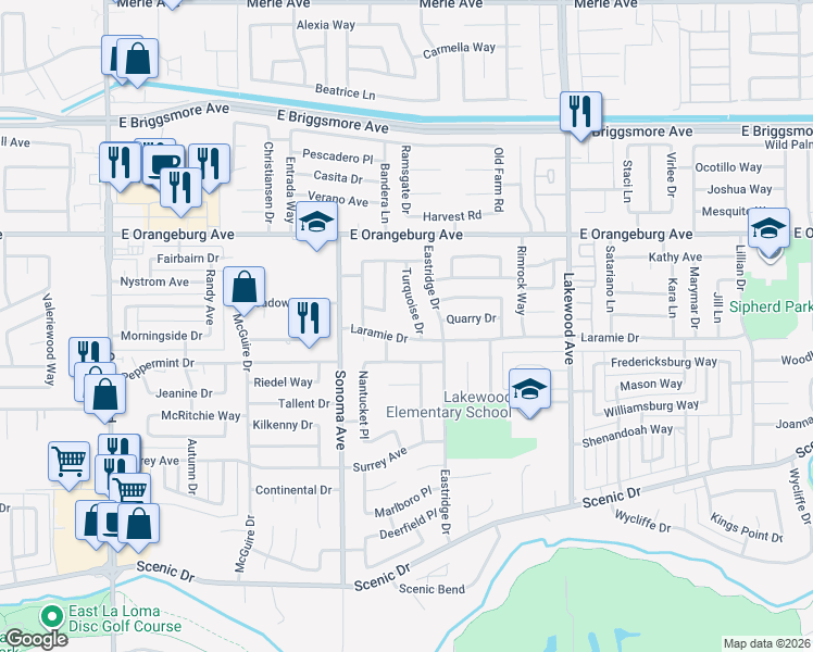 map of restaurants, bars, coffee shops, grocery stores, and more near 2629 Laramie Drive in Modesto