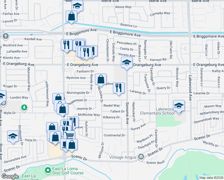 map of restaurants, bars, coffee shops, grocery stores, and more near 2417 Stone Crop Lane in Modesto