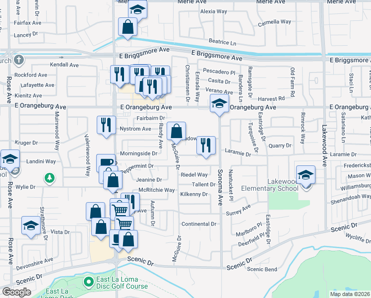 map of restaurants, bars, coffee shops, grocery stores, and more near 2417 Stone Crop Lane in Modesto