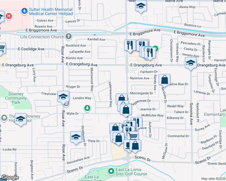 map of restaurants, bars, coffee shops, grocery stores, and more near 1221 Valeriewood Way in Modesto
