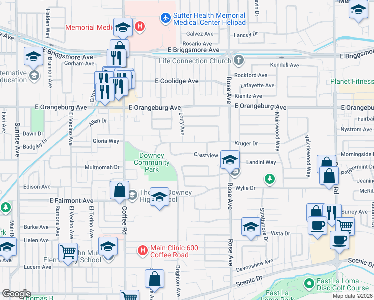 map of restaurants, bars, coffee shops, grocery stores, and more near 1509 Crestview Drive in Modesto