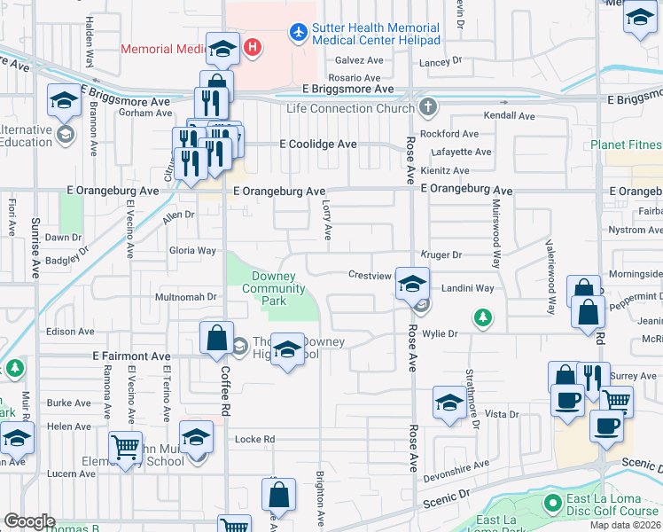 map of restaurants, bars, coffee shops, grocery stores, and more near 1509 Crestview Drive in Modesto