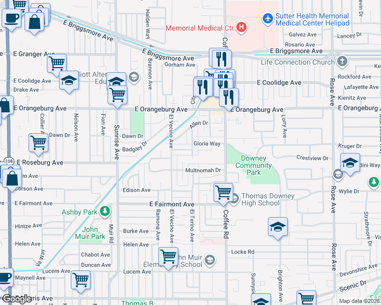 map of restaurants, bars, coffee shops, grocery stores, and more near 1220 Kurt Avenue in Modesto
