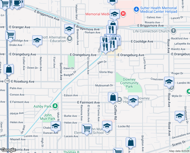 map of restaurants, bars, coffee shops, grocery stores, and more near 1108 Betty Lane in Modesto