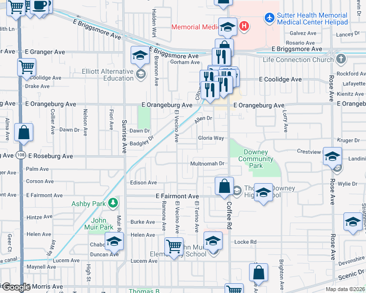 map of restaurants, bars, coffee shops, grocery stores, and more near 1108 Betty Lane in Modesto