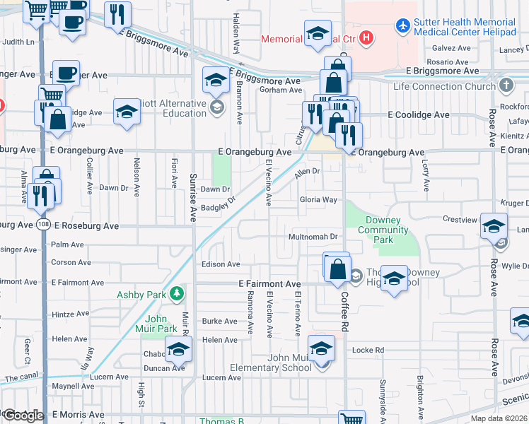 map of restaurants, bars, coffee shops, grocery stores, and more near 1009 Edinburgh Drive in Modesto