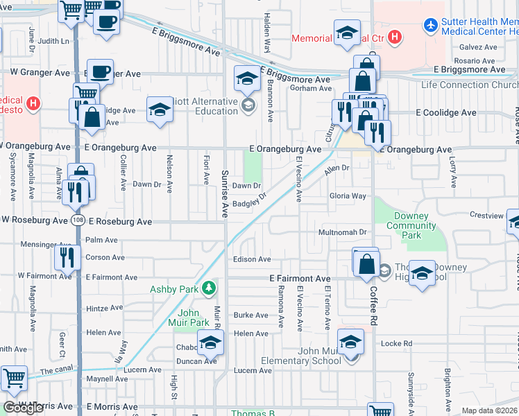 map of restaurants, bars, coffee shops, grocery stores, and more near 905 Edinburgh Drive in Modesto