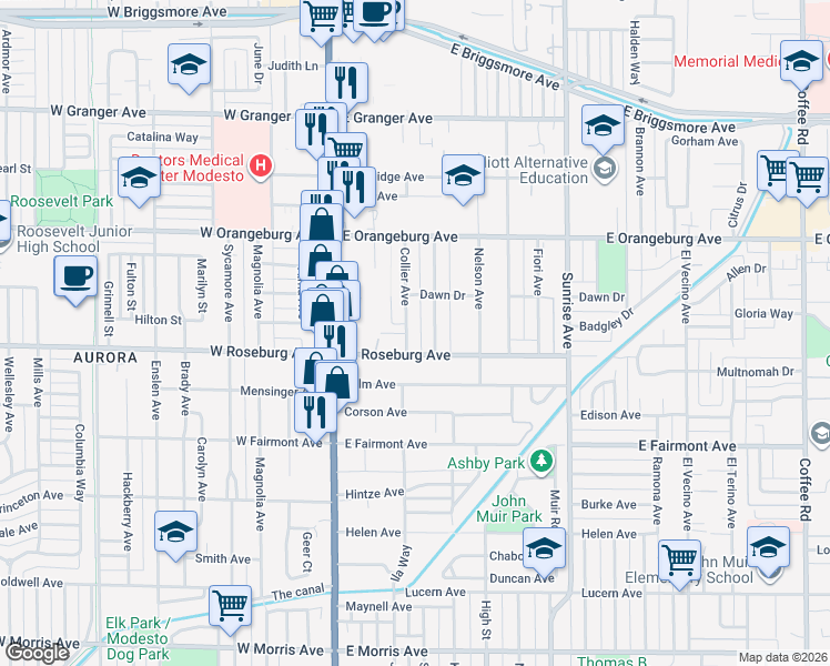 map of restaurants, bars, coffee shops, grocery stores, and more near 1215 Trombetta Avenue in Modesto
