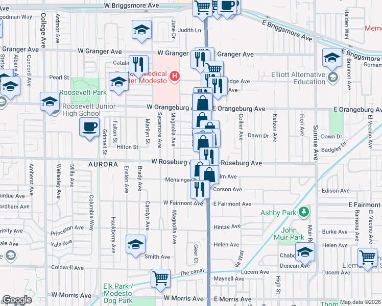 map of restaurants, bars, coffee shops, grocery stores, and more near 223 West Roseburg Avenue in Modesto
