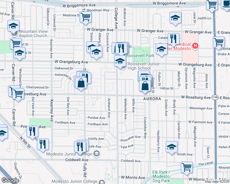 map of restaurants, bars, coffee shops, grocery stores, and more near 1105 West Roseburg Avenue in Modesto