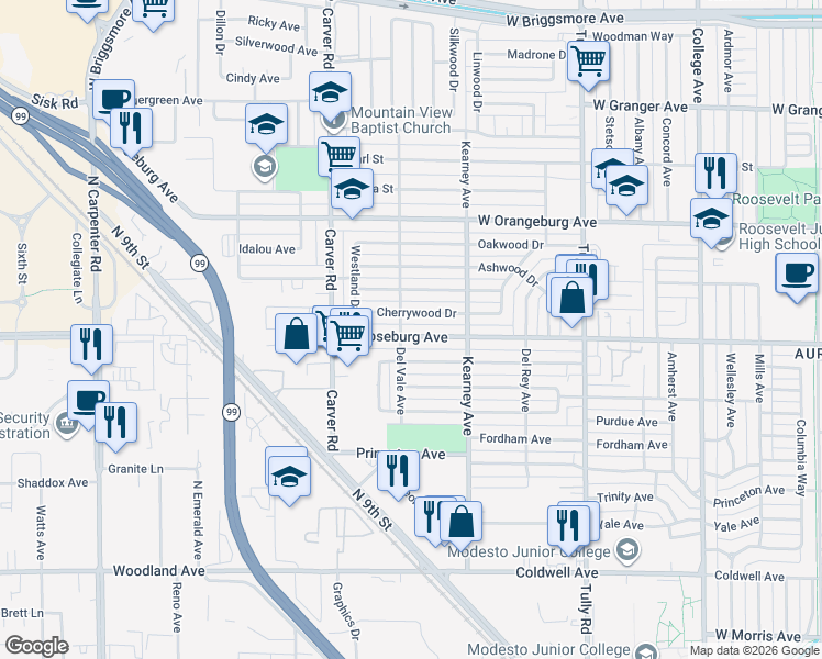 map of restaurants, bars, coffee shops, grocery stores, and more near 1529 West Roseburg Avenue in Modesto