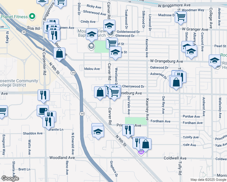 map of restaurants, bars, coffee shops, grocery stores, and more near 1637 West Roseburg Avenue in Modesto